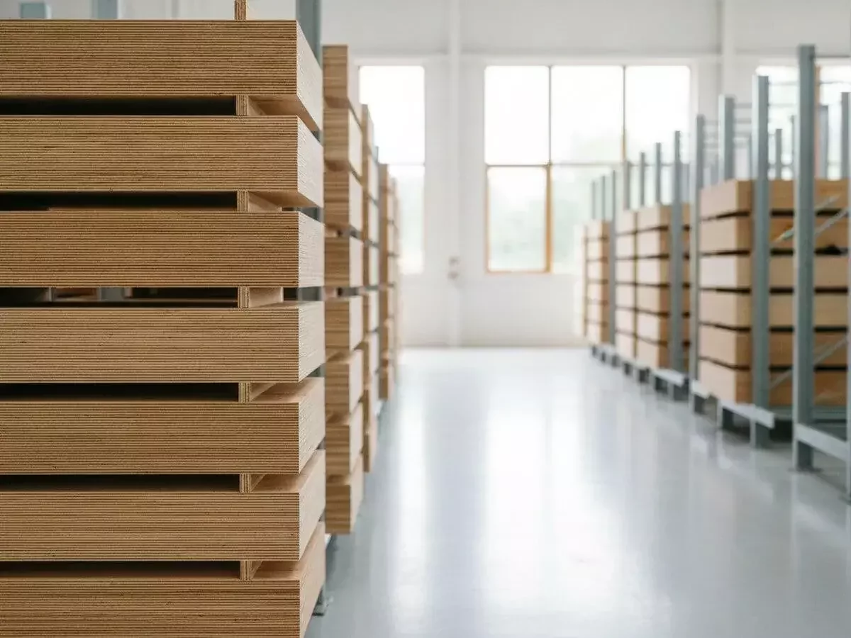 Plywood production hall with stacked panels