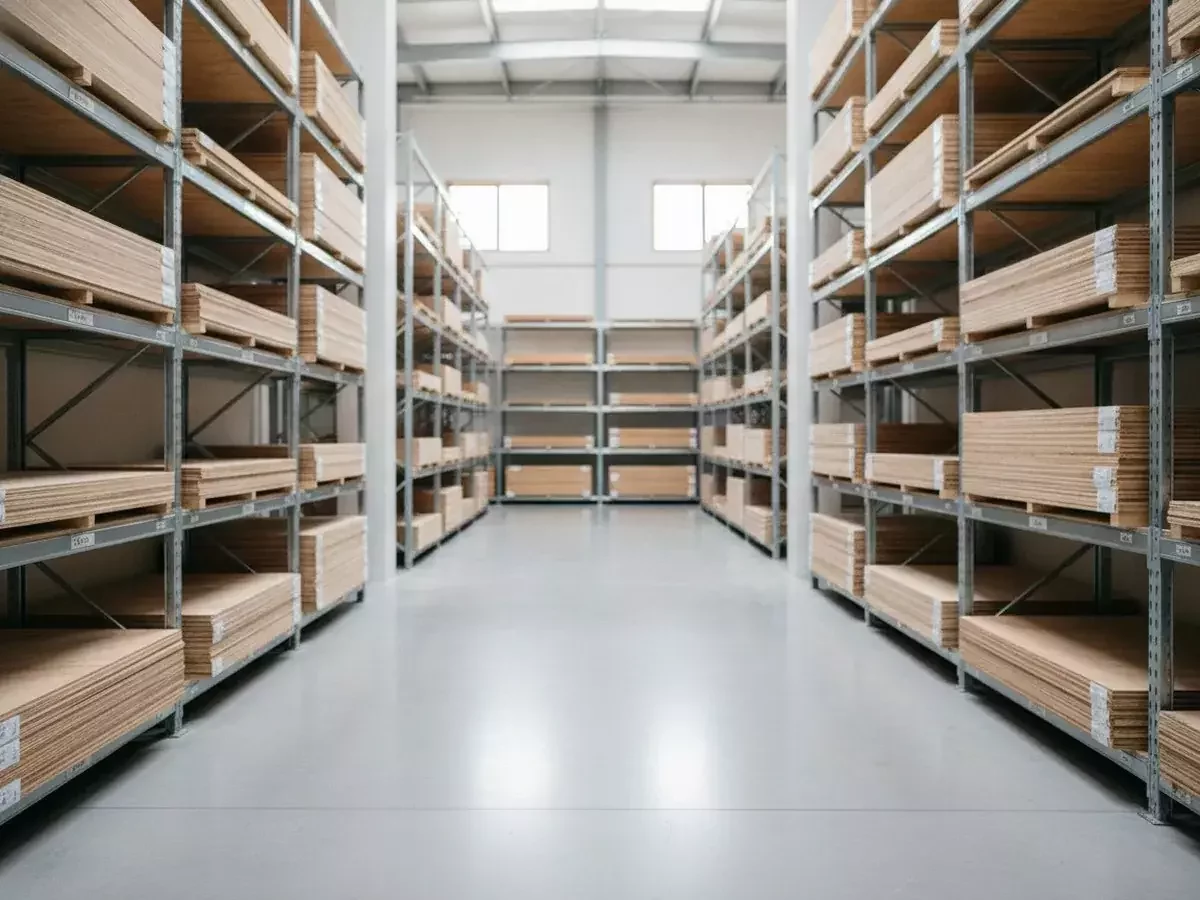 Stacked plywood and panels at Cochin Wood Industries