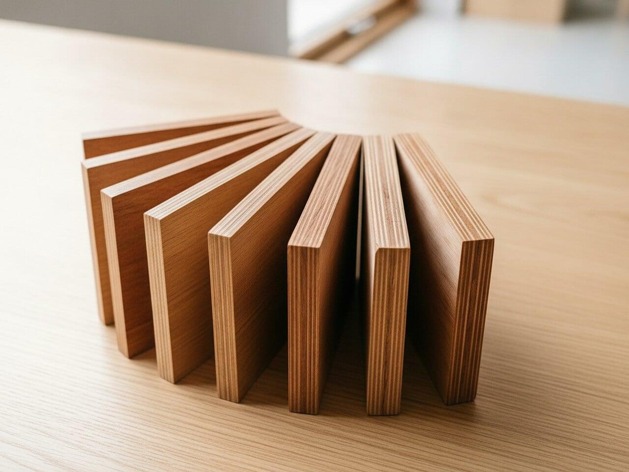 Stacks of wood veneer on the production floor