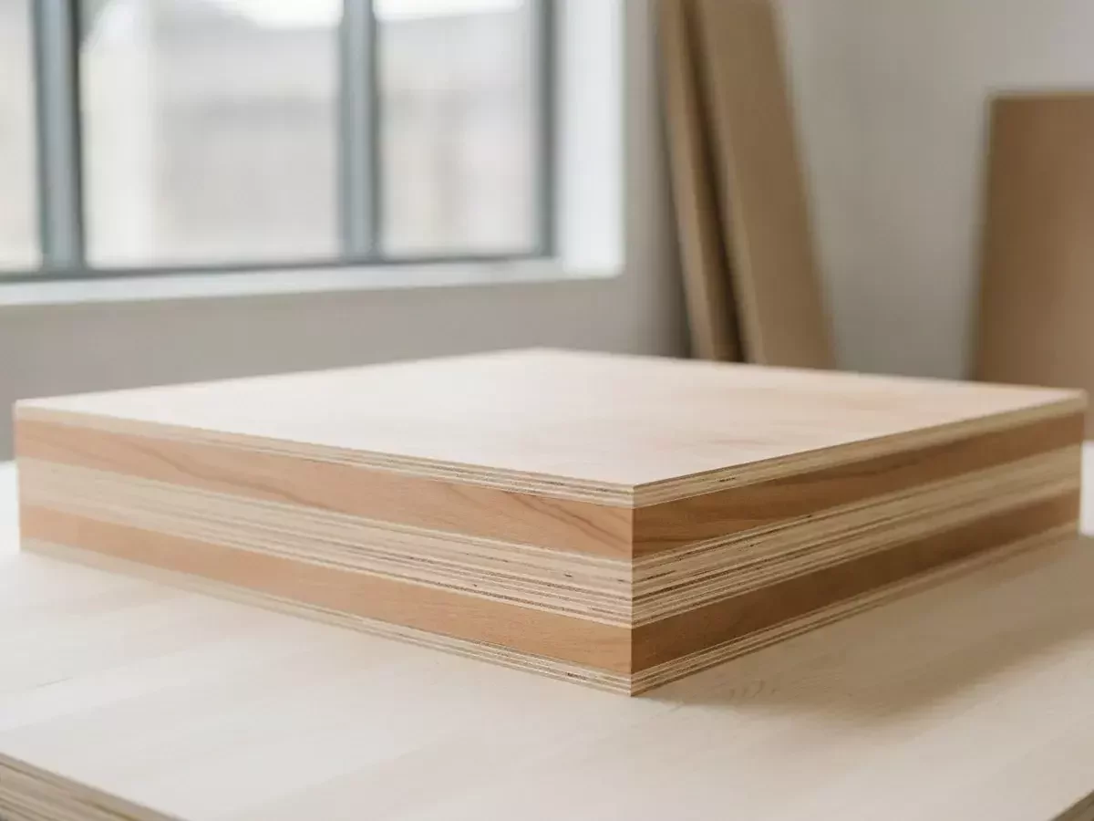 Workers handling plywood sheets on the floor
