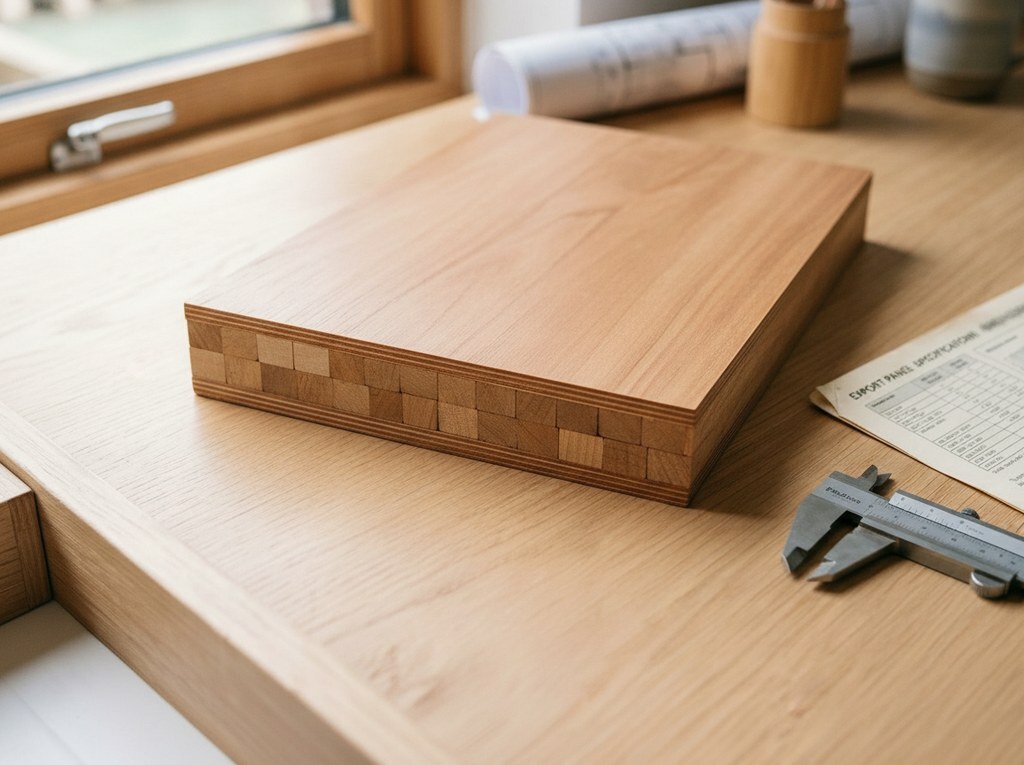 Hardwood-core block board and veneered flush doors stacked in a joinery workshop